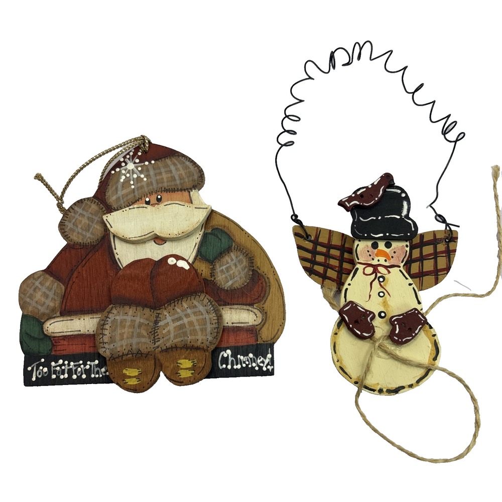 Two Rustic Primitive Snowman & Fat Santa‎ Claus Handmade Christmas Ornaments